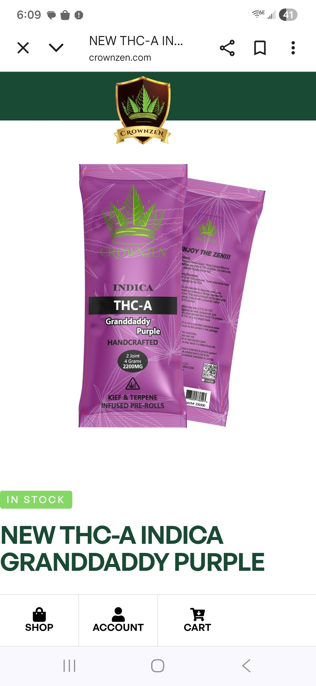 CROWN ZEN THCA SAUCE INFUSED WITH KIEF 2 x2G PRE ROLLS 12ct 36.2%thca