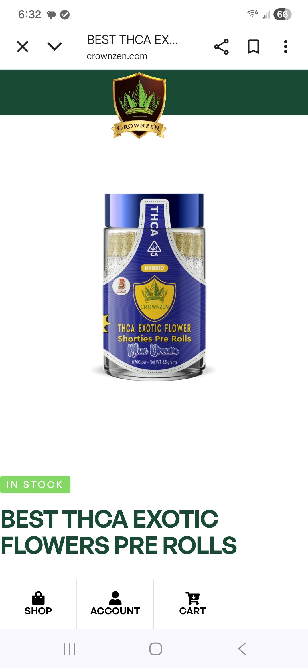 CROWN ZEN THCA EXOTIC FLOWER SHORTIES .85G PRE ROLLs JARS 5CT