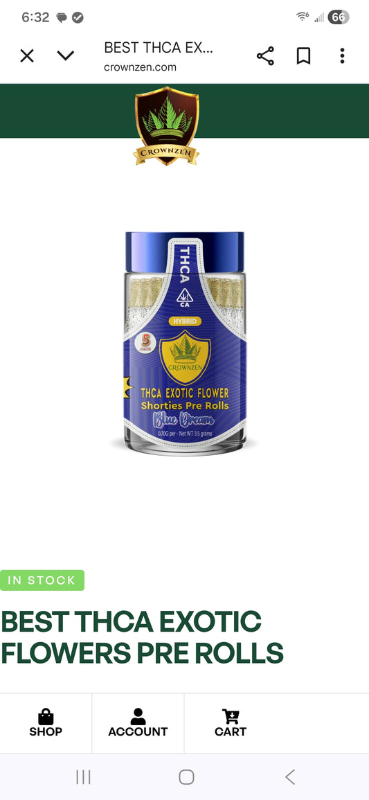 CROWN ZEN THCA EXOTIC FLOWER SHORTIES .85G PRE ROLLs JARS 5CT